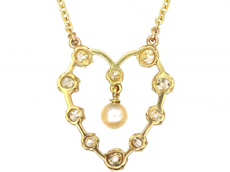 Edwardian 18ct Gold, Diamond & Natural Pearl Heart Shaped Pendant on 9ct Gold Chain