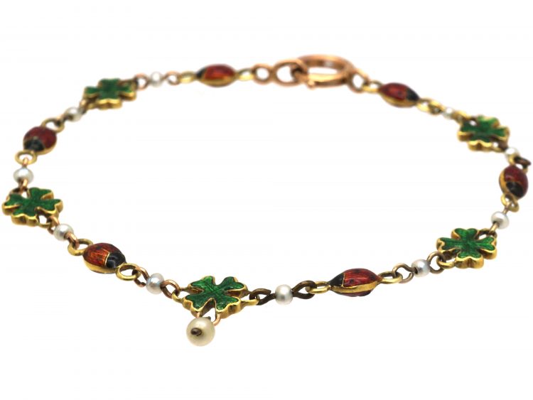Edwardian 15ct Gold, Enamel & Natural Pearl, Ladybird & Four Leaf Clover Bracelet