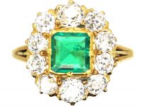 Early 20th Century 18ct Gold, Square Cut Emerald & Diamond Cluster Ring