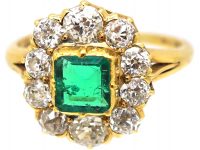 Early 20th Century 18ct Gold, Square Cut Emerald & Diamond Cluster Ring
