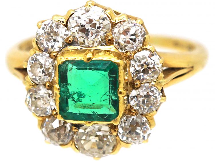 Early 20th Century 18ct Gold, Square Cut Emerald & Diamond Cluster Ring