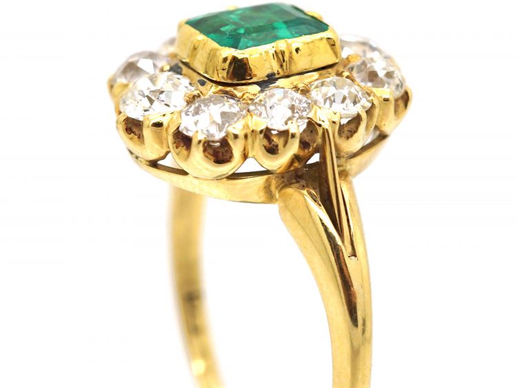 Early 20th Century 18ct Gold, Square Cut Emerald & Diamond Cluster Ring