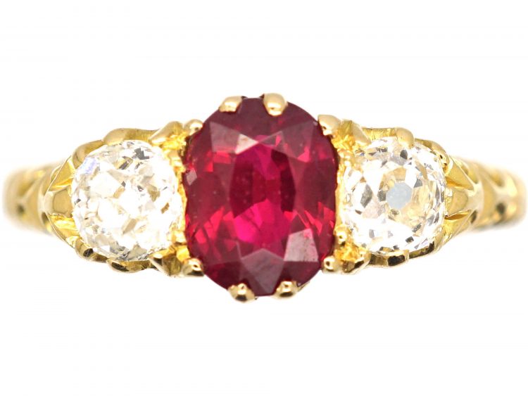 Edwardian 18ct Gold Three Stone Ruby & Diamond Carved Half Hoop Ring