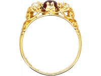 Edwardian 18ct Gold Three Stone Ruby & Diamond Carved Half Hoop Ring