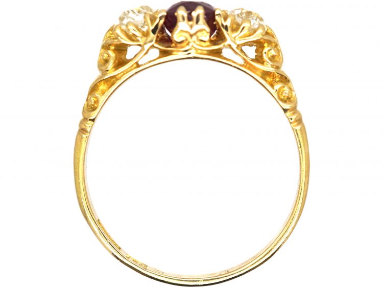 Edwardian 18ct Gold Three Stone Ruby & Diamond Carved Half Hoop Ring