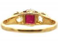 Edwardian 18ct Gold Three Stone Ruby & Diamond Carved Half Hoop Ring