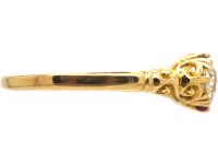 Edwardian 18ct Gold Three Stone Ruby & Diamond Carved Half Hoop Ring