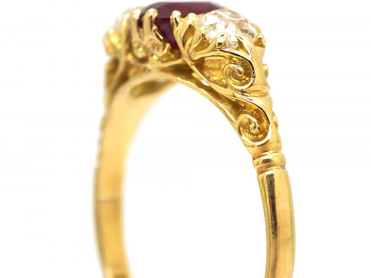 Edwardian 18ct Gold Three Stone Ruby & Diamond Carved Half Hoop Ring