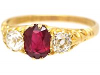 Edwardian 18ct Gold Three Stone Ruby & Diamond Carved Half Hoop Ring