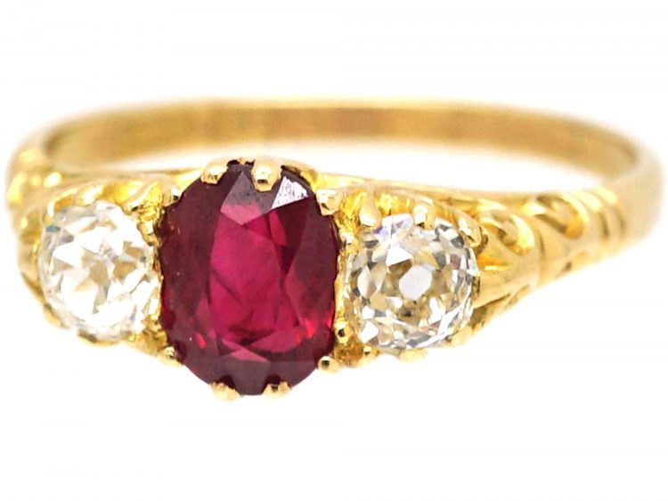 Edwardian 18ct Gold Three Stone Ruby & Diamond Carved Half Hoop Ring