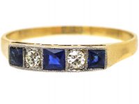 Art Deco 18ct Gold & Platinum, French Cut Sapphire & Diamond Five Stone Ring