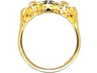 Victorian 18ct Gold, Three Stone Diamond & Sapphire Carved Half Hoop Ring