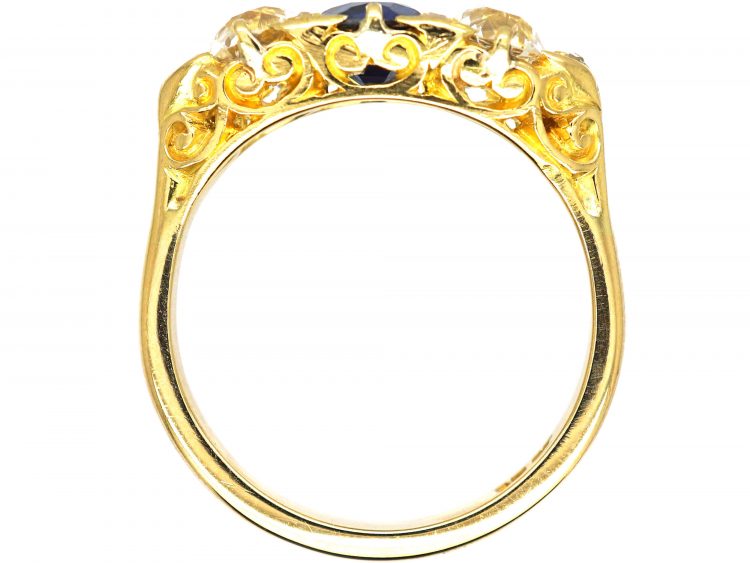 Victorian 18ct Gold, Three Stone Diamond & Sapphire Carved Half Hoop Ring