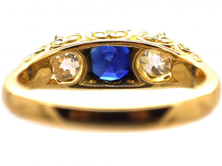 Victorian 18ct Gold, Three Stone Diamond & Sapphire Carved Half Hoop Ring