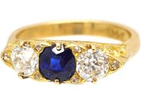 Victorian 18ct Gold, Three Stone Diamond & Sapphire Carved Half Hoop Ring