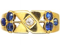 Edwardian 18ct Gold Kiss Ring set with a Diamond & Sapphires