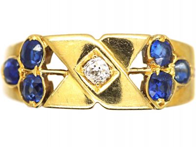 Edwardian 18ct Gold Kiss Ring set with a Diamond & Sapphires