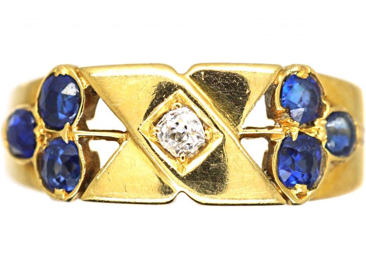 Edwardian 18ct Gold Kiss Ring set with a Diamond & Sapphires