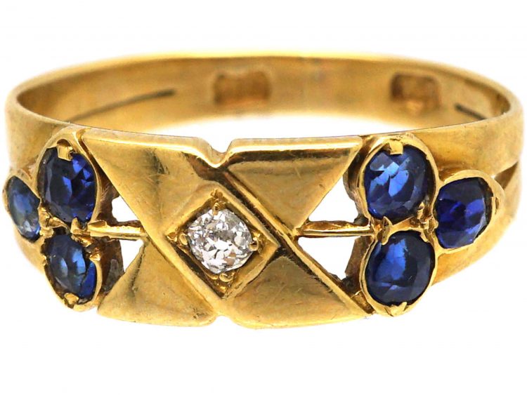 Edwardian 18ct Gold Kiss Ring set with a Diamond & Sapphires