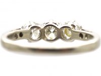 Art Deco Platinum, Three Stone Diamond Ring with Diamond Set Shoulders