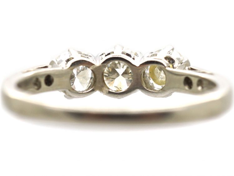 Art Deco Platinum, Three Stone Diamond Ring with Diamond Set Shoulders