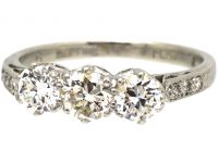 Art Deco Platinum, Three Stone Diamond Ring with Diamond Set Shoulders