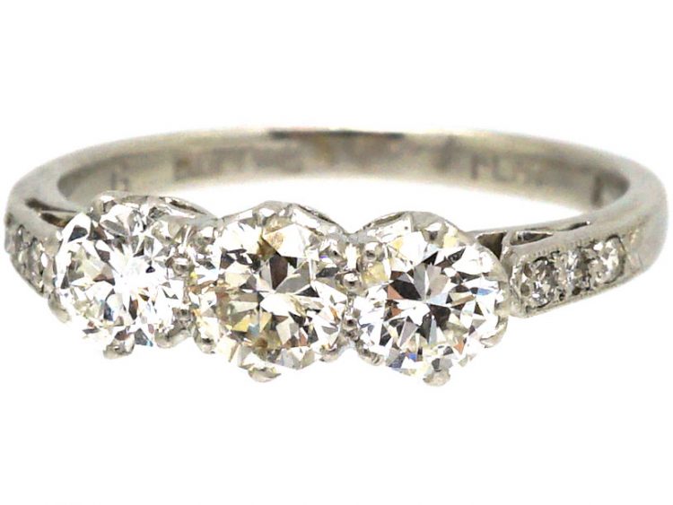 Art Deco Platinum, Three Stone Diamond Ring with Diamond Set Shoulders