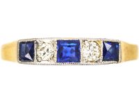 Art Deco 18ct Gold & Platinum, French Cut Sapphire & Diamond Five Stone Ring