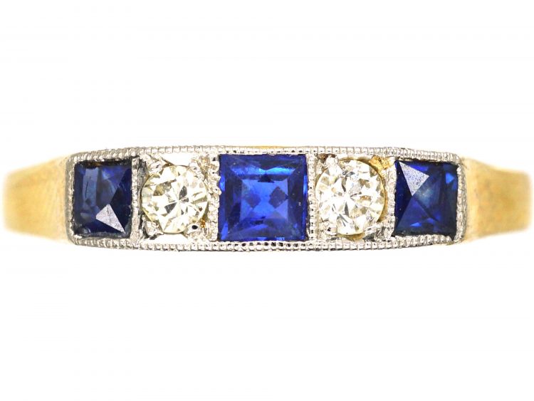 Art Deco 18ct Gold & Platinum, French Cut Sapphire & Diamond Five Stone Ring