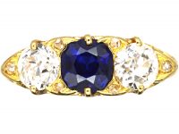 Victorian 18ct Gold, Three Stone Diamond & Sapphire Carved Half Hoop Ring
