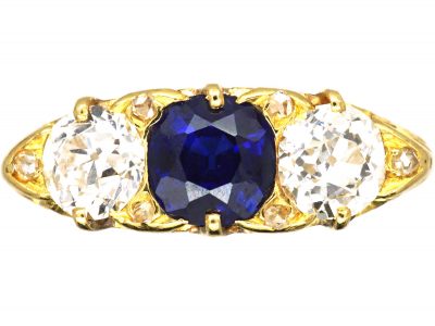 Victorian 18ct Gold, Three Stone Diamond & Sapphire Carved Half Hoop Ring