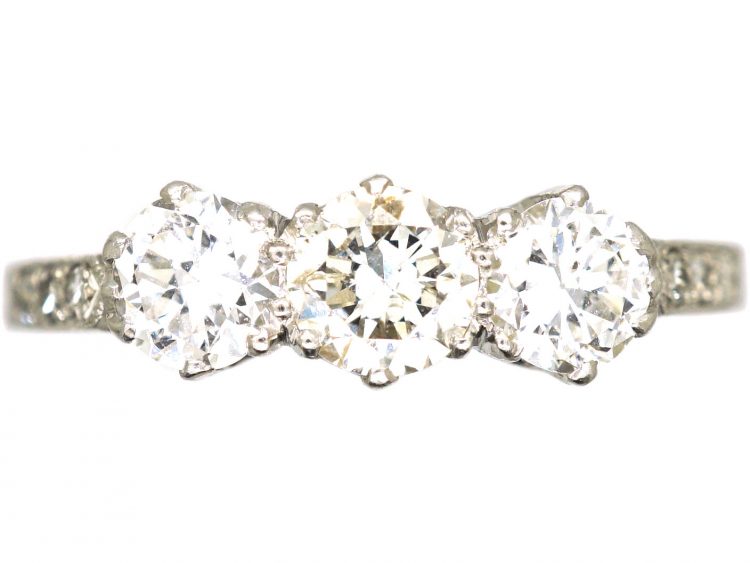 Art Deco Platinum, Three Stone Diamond Ring with Diamond Set Shoulders
