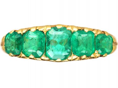 Edwardian 18ct Gold, Five Stone Emerald Carved Half Hoop Ring