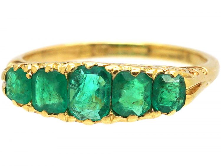 Edwardian 18ct Gold, Five Stone Emerald Carved Half Hoop Ring