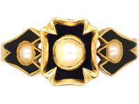 Early Victorian 18ct Gold Black Enamel & Natural Split Pearl Ring