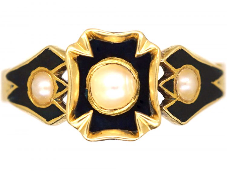 Early Victorian 18ct Gold Black Enamel & Natural Split Pearl Ring
