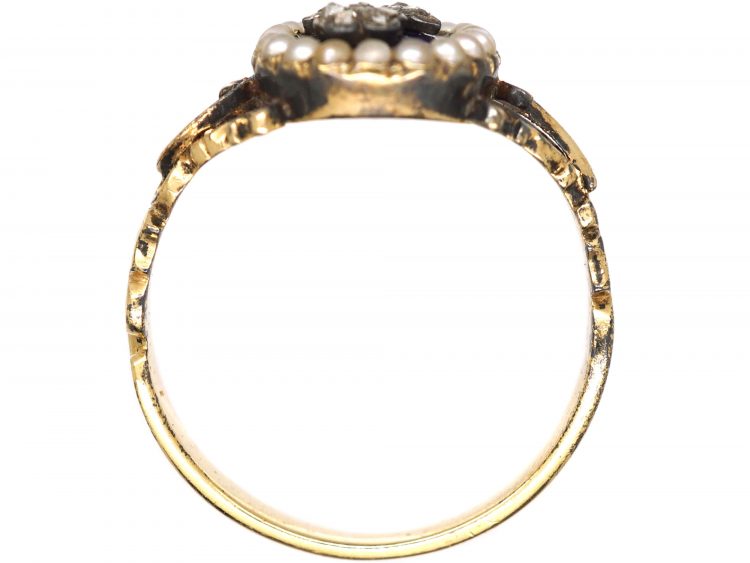 Georgian 15ct Gold, Blue Enamel, Natural Split Pearls & Rose Diamond Forget Me Not Ring