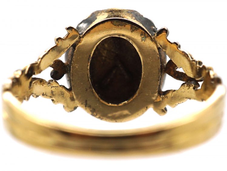 Georgian 15ct Gold, Blue Enamel, Natural Split Pearls & Rose Diamond Forget Me Not Ring