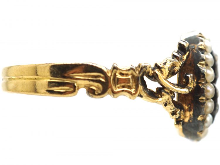 Georgian 15ct Gold, Blue Enamel, Natural Split Pearls & Rose Diamond Forget Me Not Ring