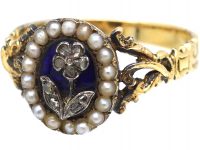 Georgian 15ct Gold, Blue Enamel, Natural Split Pearls & Rose Diamond Forget Me Not Ring