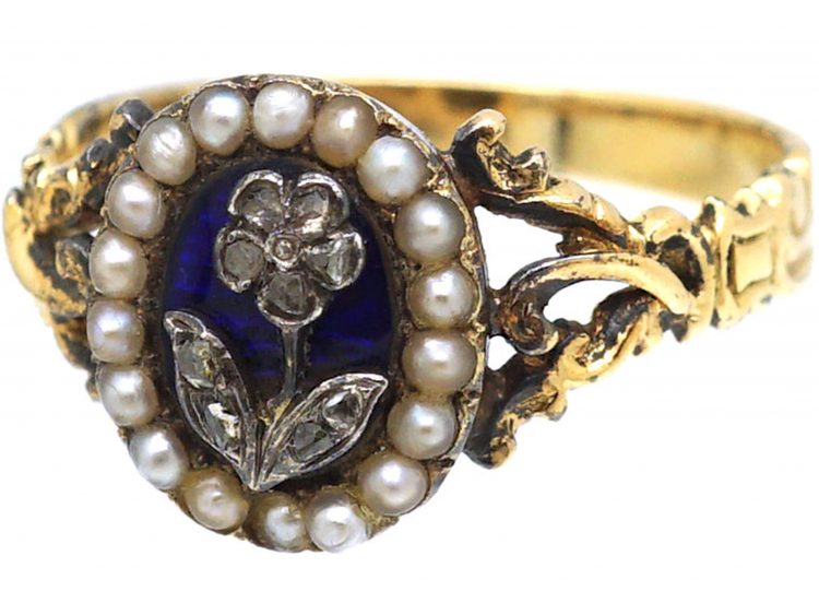 Georgian 15ct Gold, Blue Enamel, Natural Split Pearls & Rose Diamond Forget Me Not Ring
