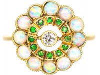 Edwardian 18ct Gold, Opal, Diamond & Green Garnet Cluster Ring