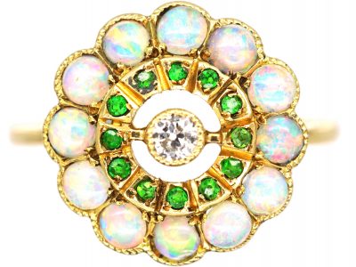 Edwardian 18ct Gold, Opal, Diamond & Green Garnet Cluster Ring