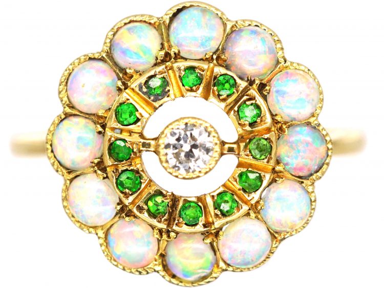 Edwardian 18ct Gold, Opal, Diamond & Green Garnet Cluster Ring
