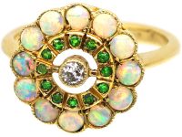 Edwardian 18ct Gold, Opal, Diamond & Green Garnet Cluster Ring