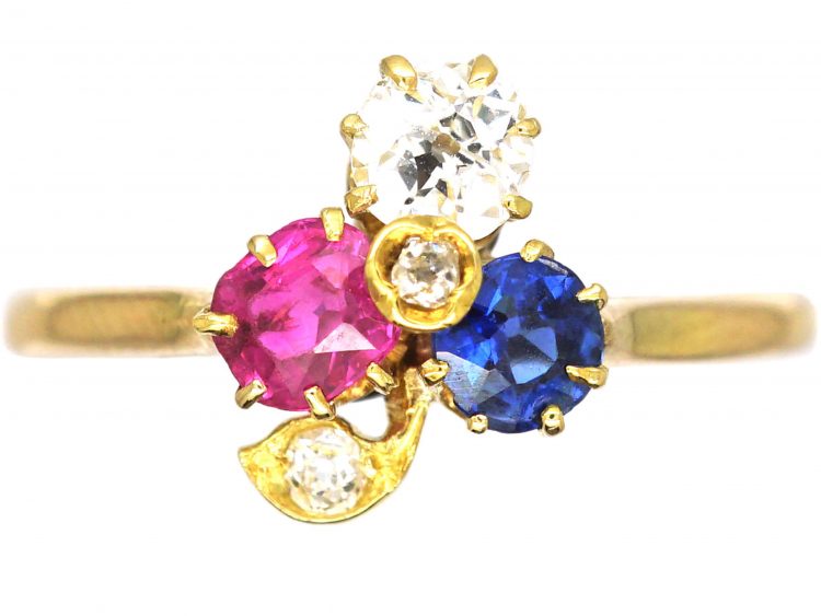 Edwardian 18ct Gold Trefoil Ring set with a Sapphire, Ruby & Diamonds