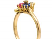 Edwardian 18ct Gold Trefoil Ring set with a Sapphire, Ruby & Diamonds