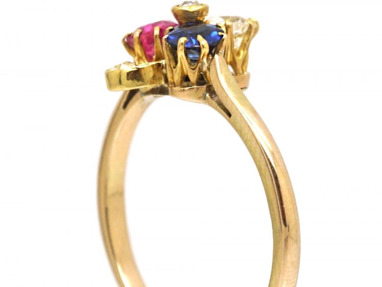 Edwardian 18ct Gold Trefoil Ring set with a Sapphire, Ruby & Diamonds