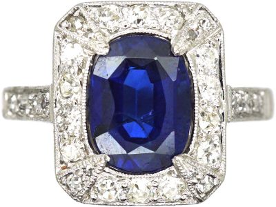 Art Deco 18ct White Gold & Platinum, Unheated Sapphire & Diamond Ring with Diamond Set Shoulders