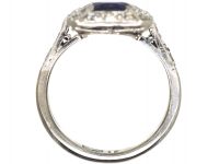 Art Deco 18ct White Gold & Platinum, Unheated Sapphire & Diamond Ring with Diamond Set Shoulders